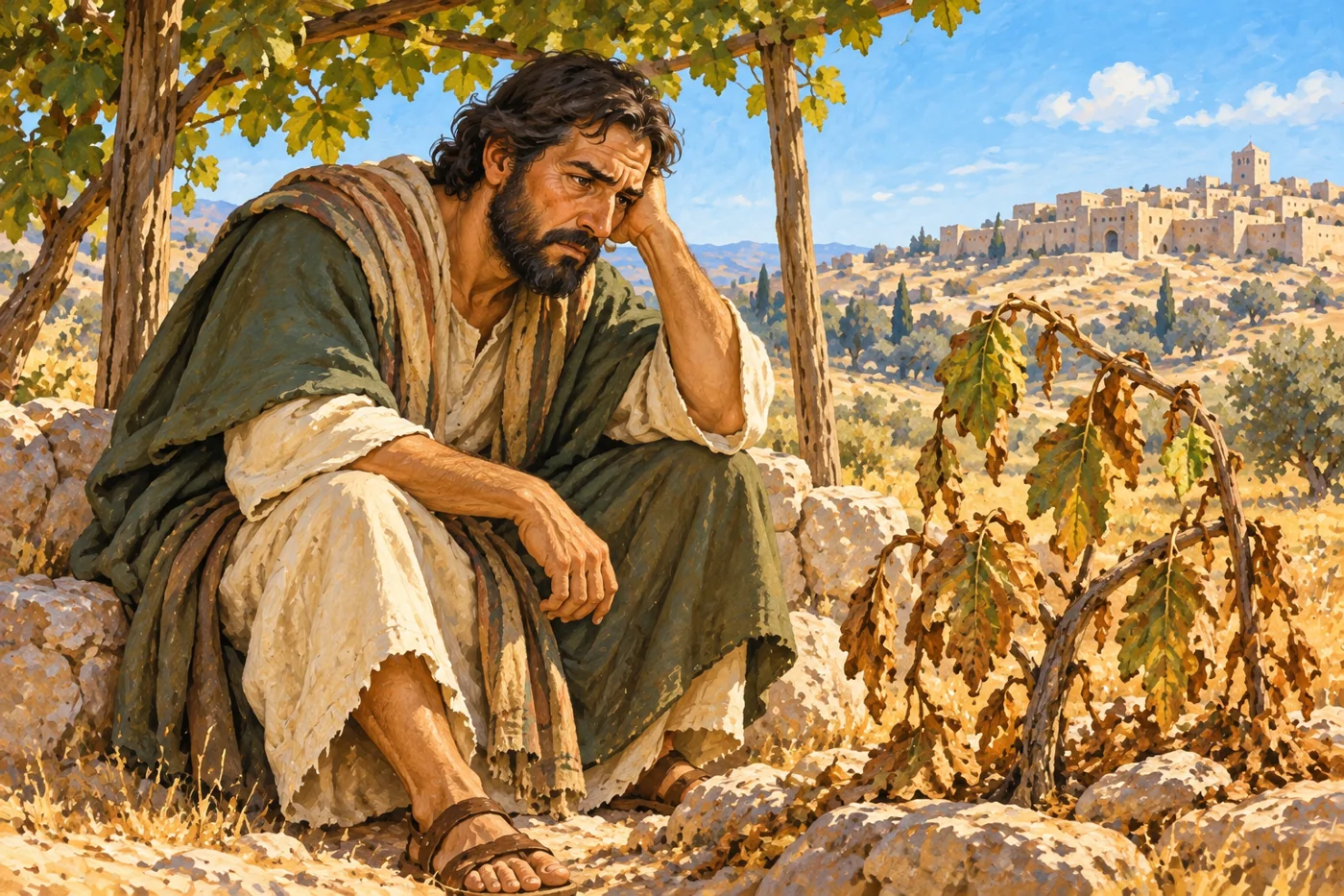자신의 그늘과 니느웨 사람의 생명을 다르게 여긴 요나의 마음을 나타냈습니다.